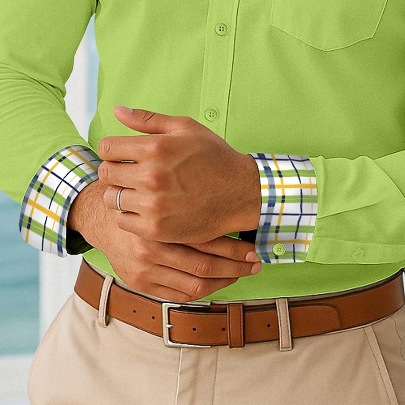 Men's Shirt Summer Shirt Casual Shirt Button Up Shirt Color Block Vacation Business White Yellow Navy Blue Green Long Sleeve Collar Spring &  Fall All Seasons Clothing Apparel Front Pocket3