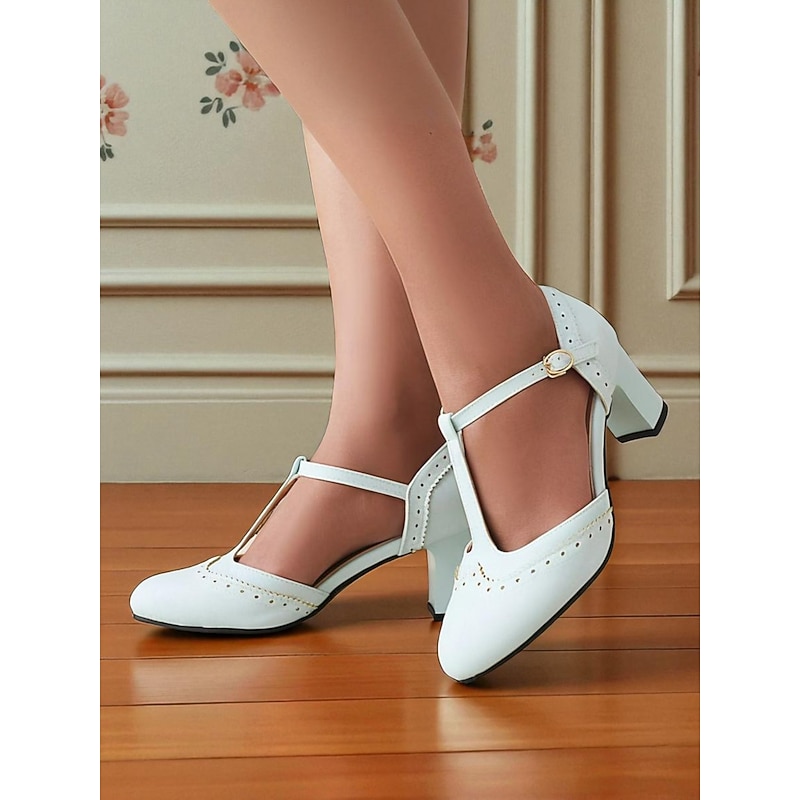 Women's Pink T-Strap Heels - Retro Mid Heel Pumps with Brogue Details and Adjustable Buckle for Tea Parties, Daily Wear, and 1950s-Inspired Outfits2
