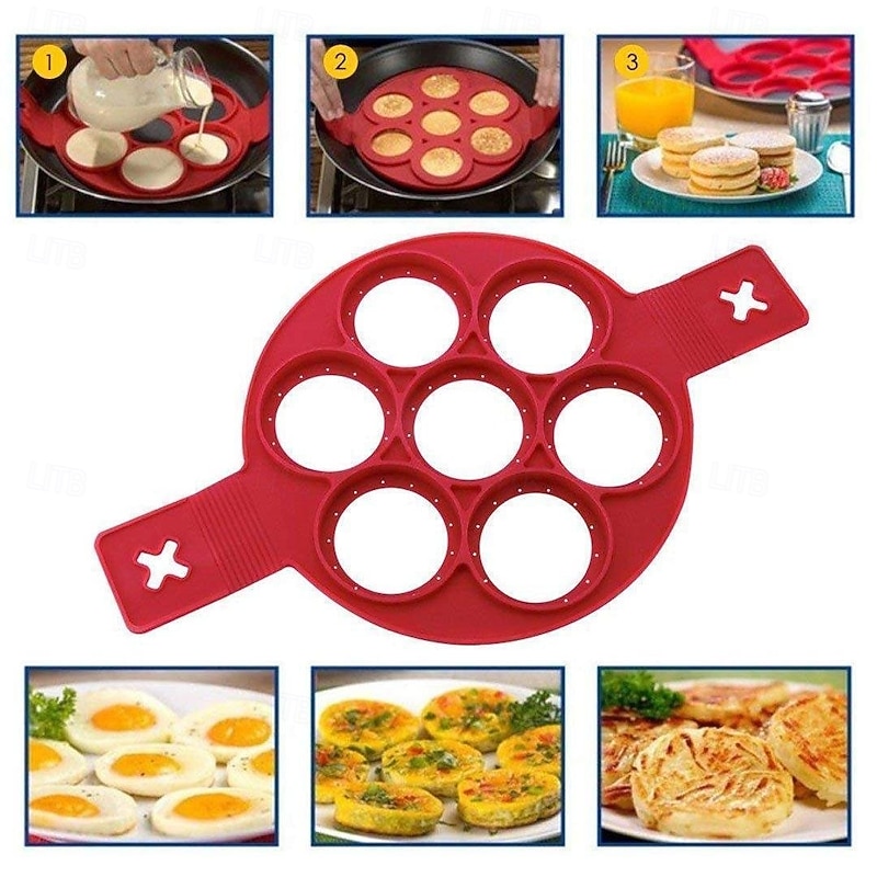 Non Stick Silicone Pancake Mold Ring Seven Hole Egg Ring for Cooking High Temperature Resistant Round Mold for Fried Eggs Pancakes and Baking Kitchen Tool