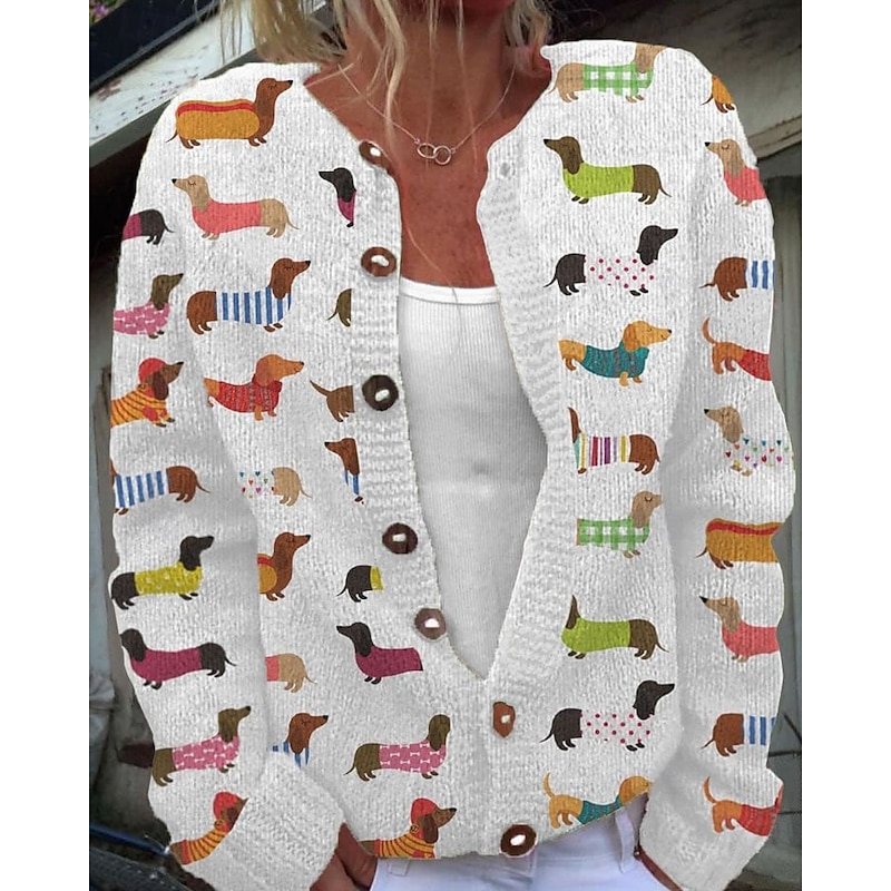 Women's Sweater Cardigan Fashion Streetwear Daily Animal Ribbed Open Front Knitted Print Long Sleeve Regular Tops Knit Holiday Going out Weekend White Blue Fall Winter2