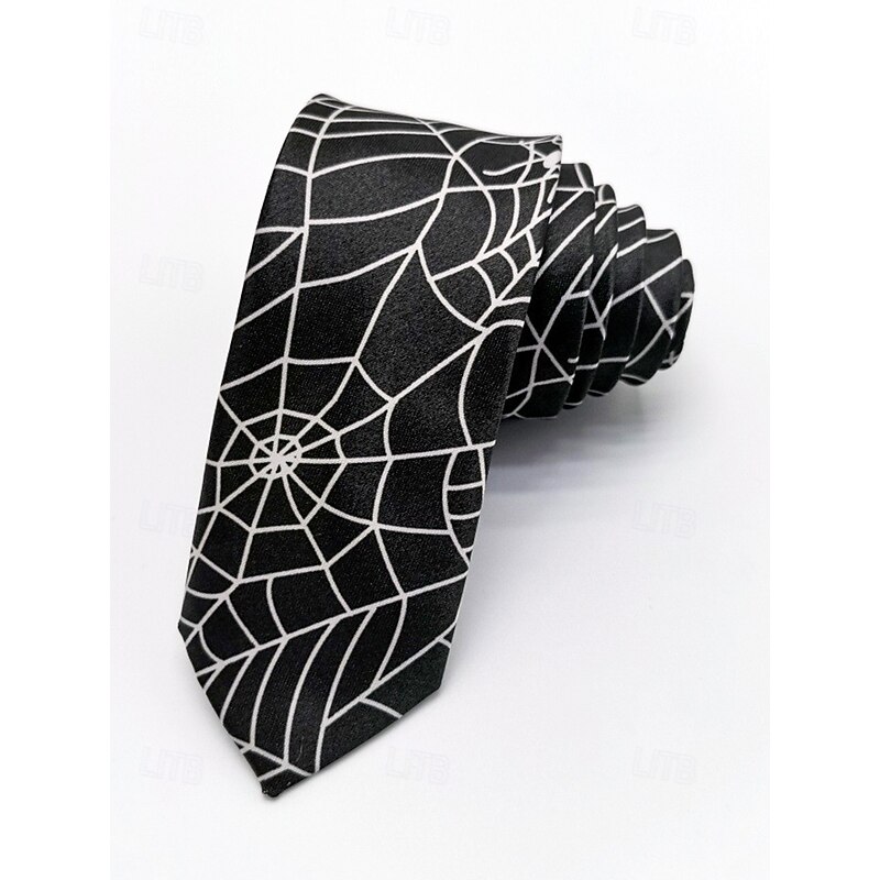 Men's Halloween Spider Web Print Necktie – Black and White Satin Slim Tie, Stylish Party Accessory for Cosplay, Formal Events and Office Halloween Outfits