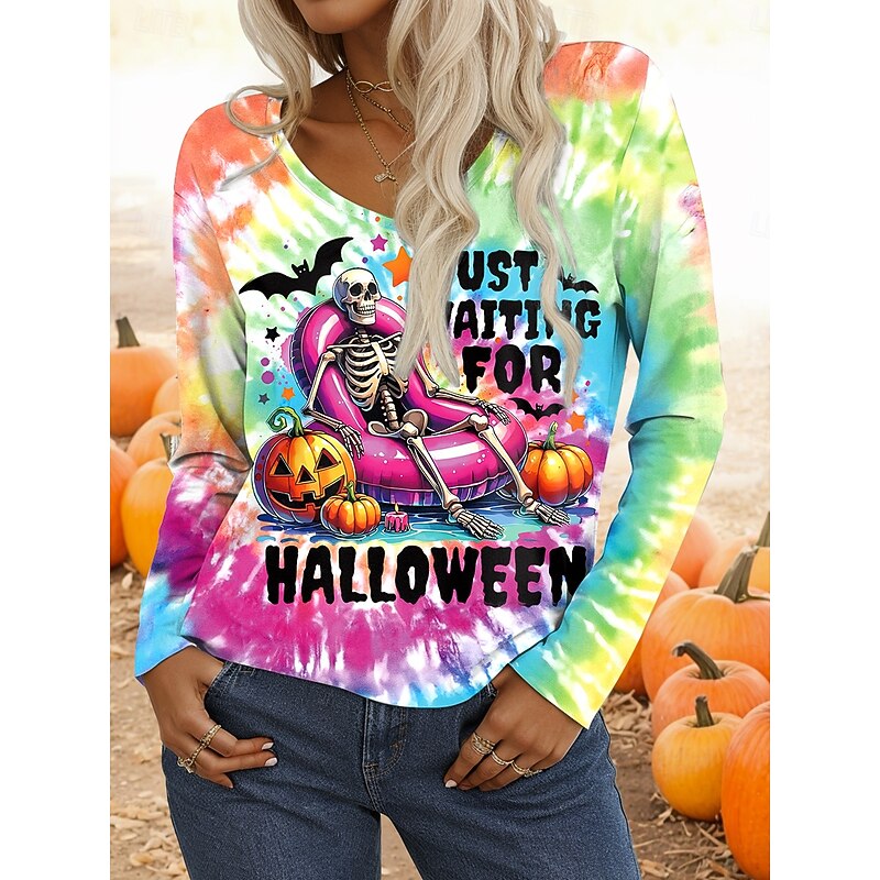 Halloween Women's T shirt Ghost Long Sleeve V Neck Long Sleeve Tunic Graphic Elegant Casual Regular Tops Daily Weekend Print Black Orange Rainbow Spring Fall Prefall3