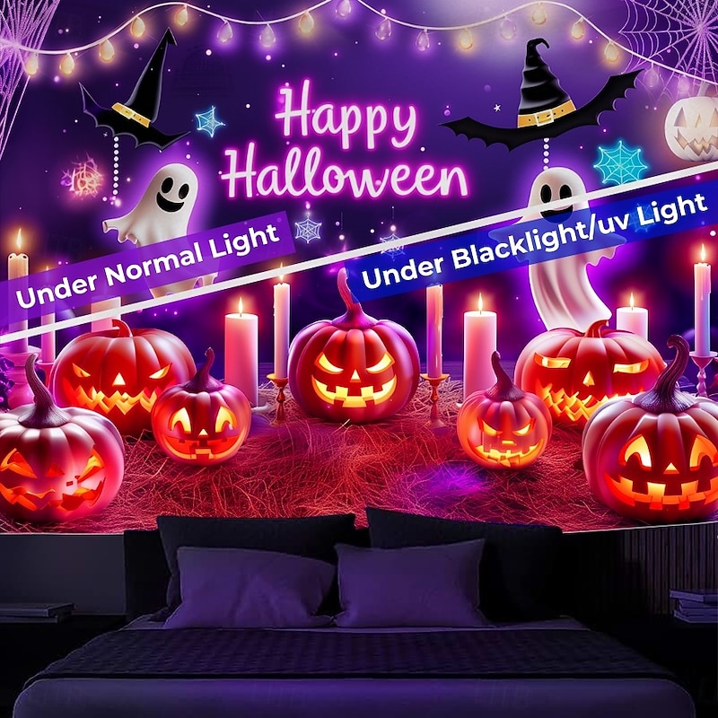 Halloween Blacklight Wall Tapestry – UV Reactive 'Happy Halloween' with Glowing Pumpkins and Candles, Neon Colors Spooky Scene, Glow in the Dark Wall Hanging for 2025 Halloween Party Decoration3