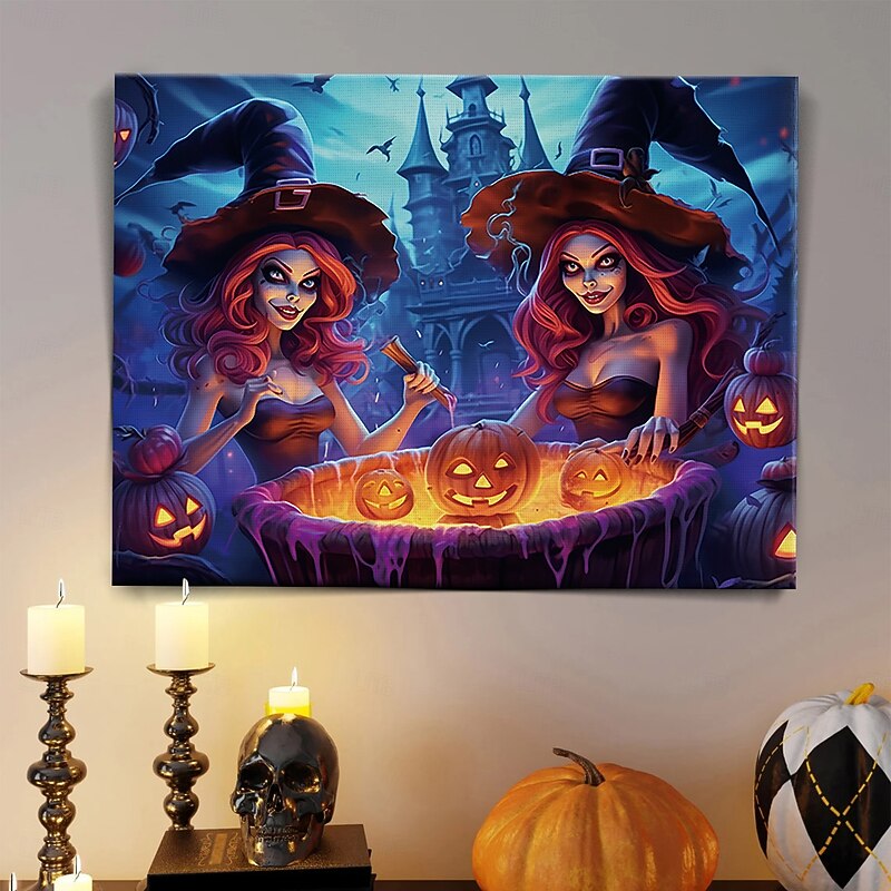 Halloween Pumpkin and Haunted Castle LED Canvas Wall Art - Battery Operated Lighted Wall Decor for 2025 Halloween home decoration light livingroom and bedroom2
