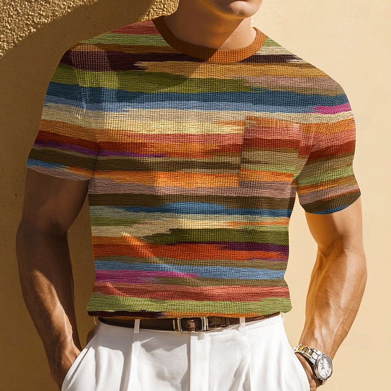 Men's Geometric Horizontal Stripes Waffle Shirt Short Sleeve T shirt Print Crew Neck Shirt Fashion Daily Designer Street Casual Daily Blue Brown Green Summer Spring Clothing Apparel S M L XL XXL XXXL