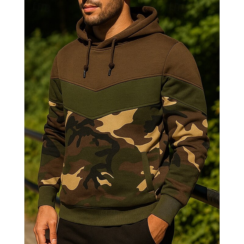 Men's Running Top Sports Sweatshirt Drawstring Pocket Long Sleeve Top Casual Athleisure Camouflage Thermal Warm Outdoor Running Sportswear Activewear Green Coffee3