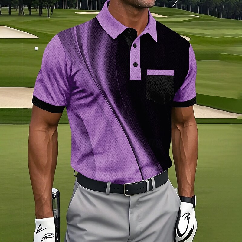 Men's Geometic Line Polo Short Sleeve Polo Shirts Collared Shirts Business Casual Athleisure Daily Wear Pocket 3D Print Buttons Summer White Blue Purple4