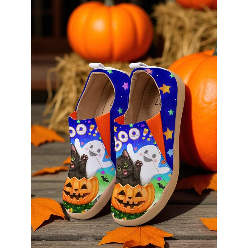 Boo by Kayomi Harai Women's Halloween Slip-On Shoes with Cat & Pumpkin Print – Wide Toe Casual Loafers for Fall Parties, Trick-or-Treating & Holiday Outfits3