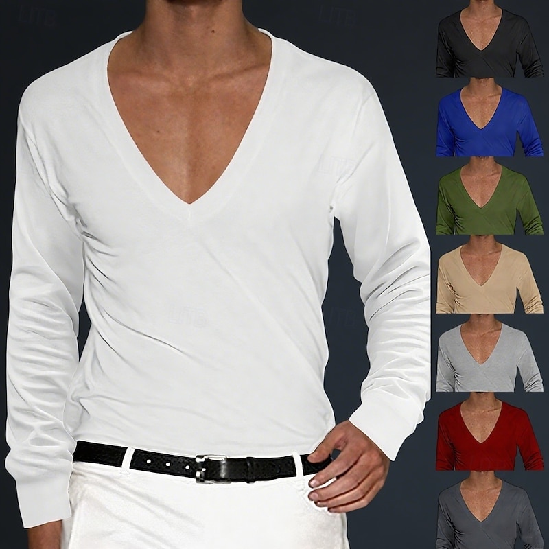 Men's T Shirt Tee Top Long Sleeve V Neck Summer Solid Color Plain Fashion Designer Basic Deep V Basic Vacation Street Casual Black White Red Top Tee for Men