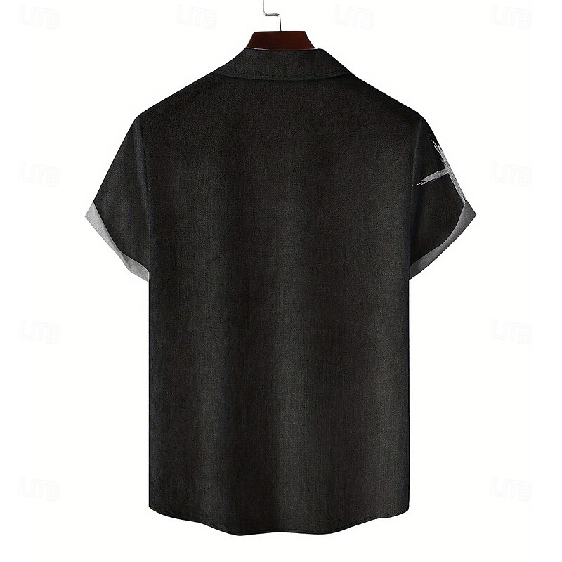 Men's Cross Halloween Costumes Day of the Dead Shirt Summer Shirt Button Up Shirt Short Sleeve Dark Punk Gothic Style Holiday Streetwear Summer Turndown 3D Print Linen Like Shirt Black2