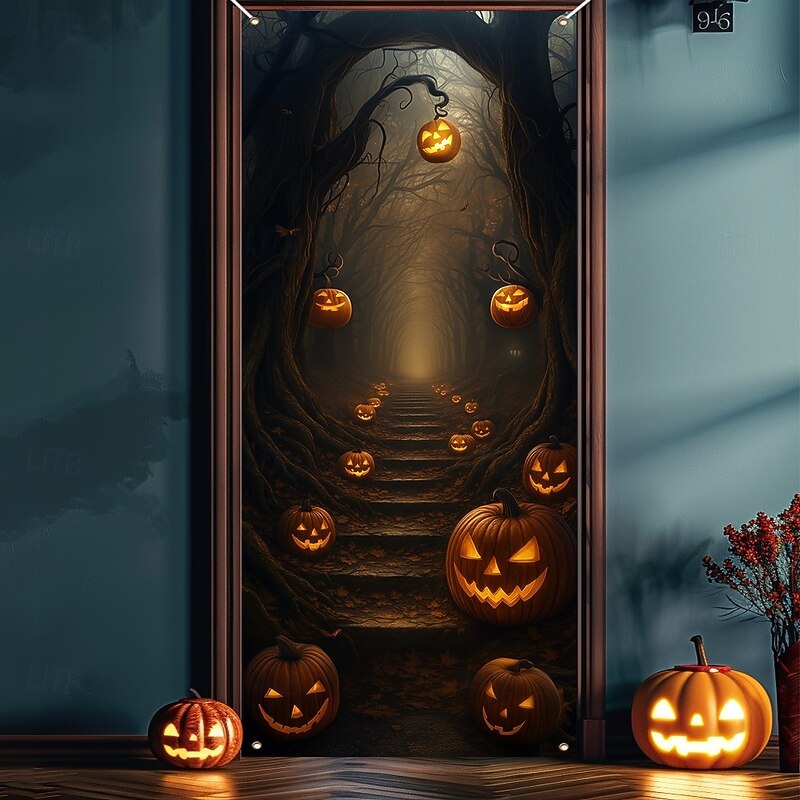 Halloween Door Cover – Glowing Pumpkins in Gothic Archway, Haunted House Entrance Banner, Autumn Outdoor & Indoor 2025 Halloween Decoration for Bedroom, Living Room, Bathroom2
