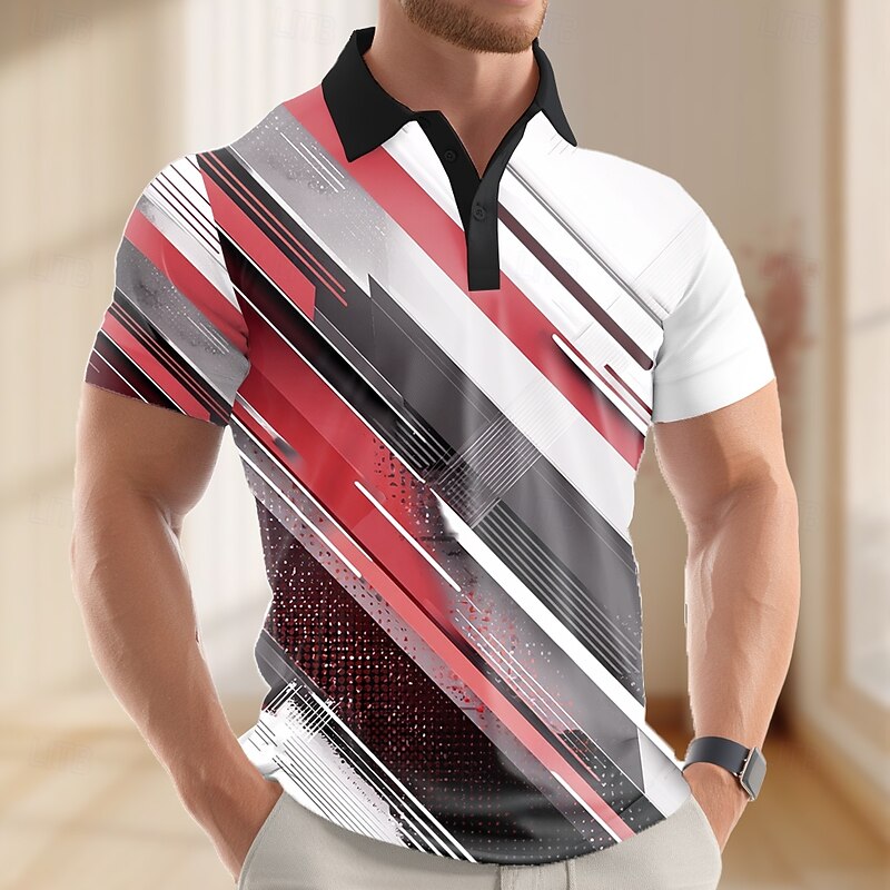 Men's Abstract Geometic Polo Short Sleeve Polo Shirts Lapel Business Casual Business Athleisure 3D Print Buttons Summer Red Blue Purple4