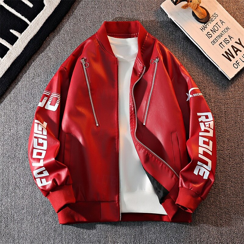 Men's Faux Leather Jacket Biker Jacket Motorcycle Jacket Vacation Daily Windproof Warm Pocket Fall Winter Letter Fashion Classic Stand Collar Regular Black White Red Jacket4