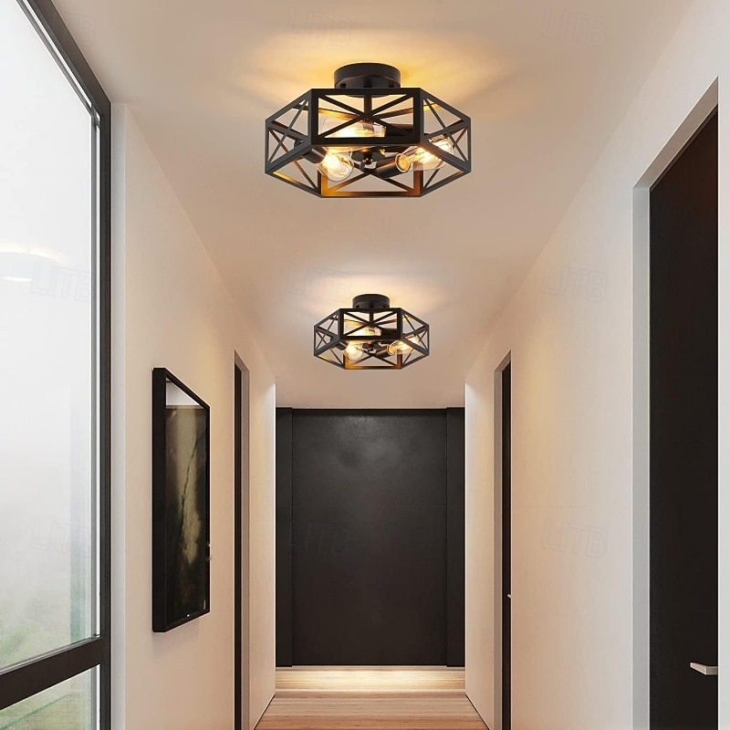 Black Flush Mount Ceiling Light, Modern Farmhouse Light Fixtures with Metal Hexagon Cage,Industrial Close to Ceiling Lamp for Kitchen Hallway Bathroom Closet,3 Light3