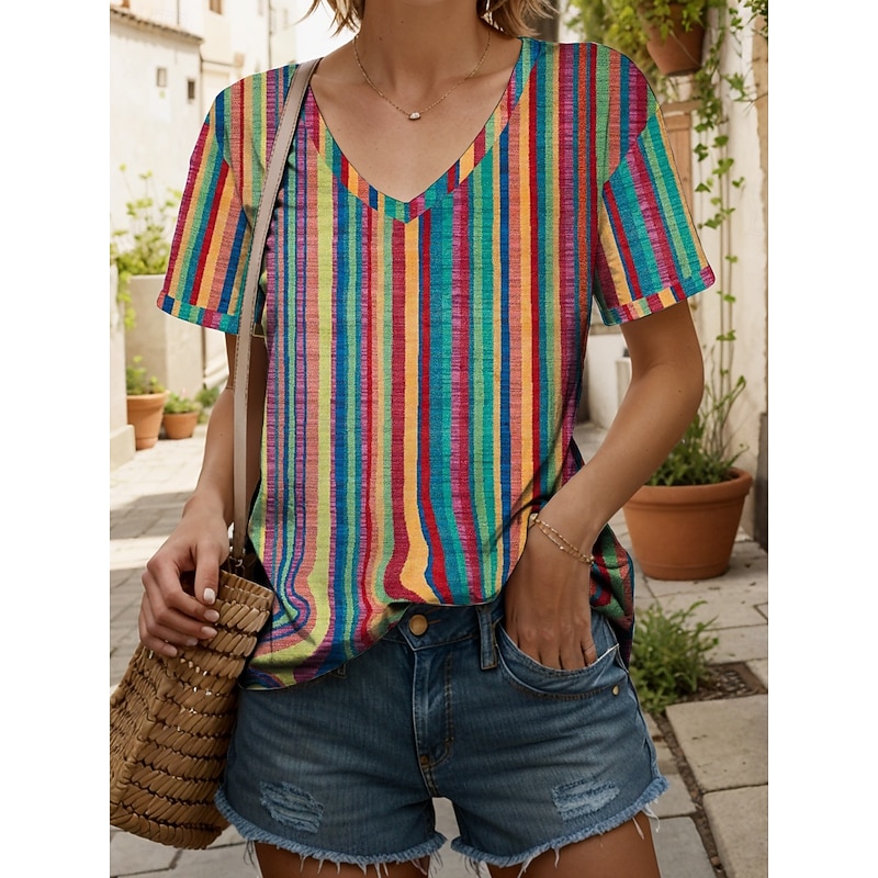 Women's T Shirt Graphic Geometric Striped Vintage Stylish Classic Short Sleeve V Neck Regular Tops Daily Print Yellow Pink Blue Purple Rainbow Summer Spring