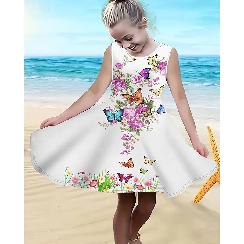 Girls' 3D Floral Graphic Butterfly Dress Sleeveless Summer Spring Vacation Daily Holiday Princess Beautiful Sweet Kids 4-12 Years Casual Dress A Line Dress Knee-length Regular Fit3