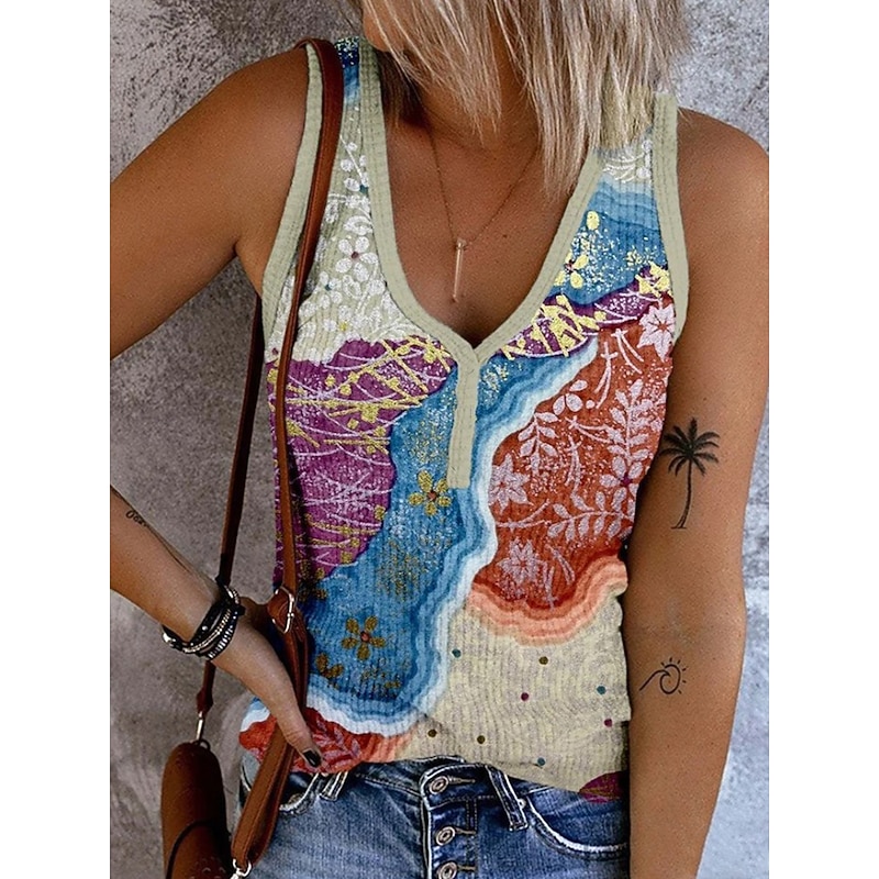 Women's Camisole Tank Top Graphic Geometric Bohemia Vintage Tropical Sleeveless V Neck Regular Tops Daily Print Light Green Red Blue Khaki Rainbow Summer Spring2