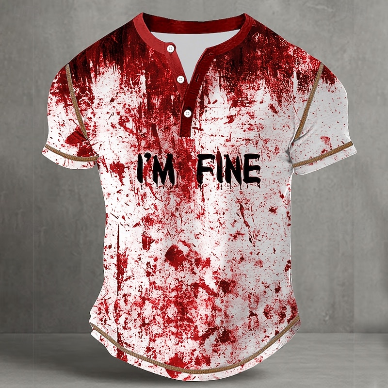 Men's Halloween Blood Splatter Funny Blood stains Henley Shirt Tee Short Sleeve Vintage Fashion Designer Outdoor Casual Daily Spring &  Fall All Seasons White Yellow Pink Henley Henley T-Shirt