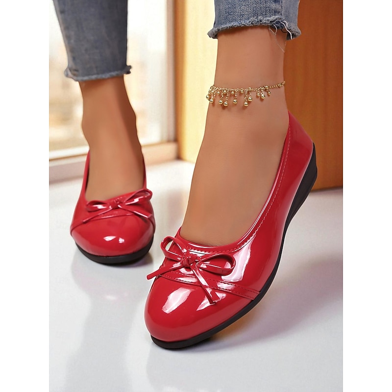Women's Red Patent Leather Ballet Flats with Bow - Classic Round Toe Slip-On Dress Shoes for Teens and Ladies, Ideal for School, Work, and Everyday Casual Outfits3