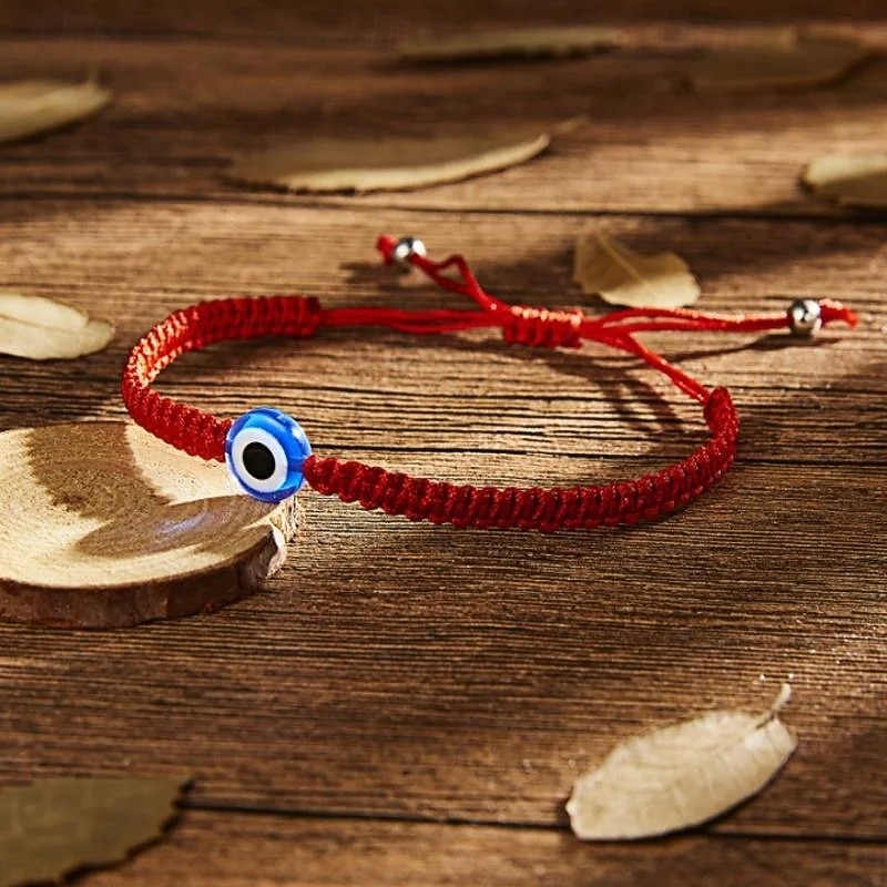 Handmade Evil Eye Bracelet Turkish Blue Bead Adjustable Red Cord Braided Wristband with Seven Sections Protection Symbol Jewelry for Men and Women - Main Image