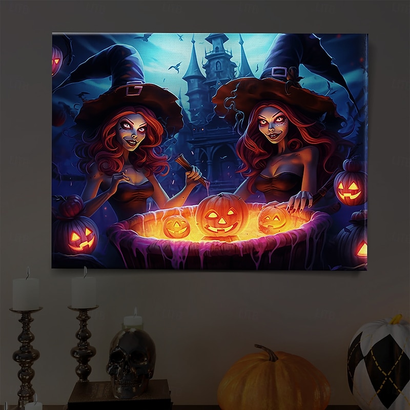 Halloween Pumpkin and Haunted Castle LED Canvas Wall Art - Battery Operated Lighted Wall Decor for 2025 Halloween home decoration light livingroom and bedroom