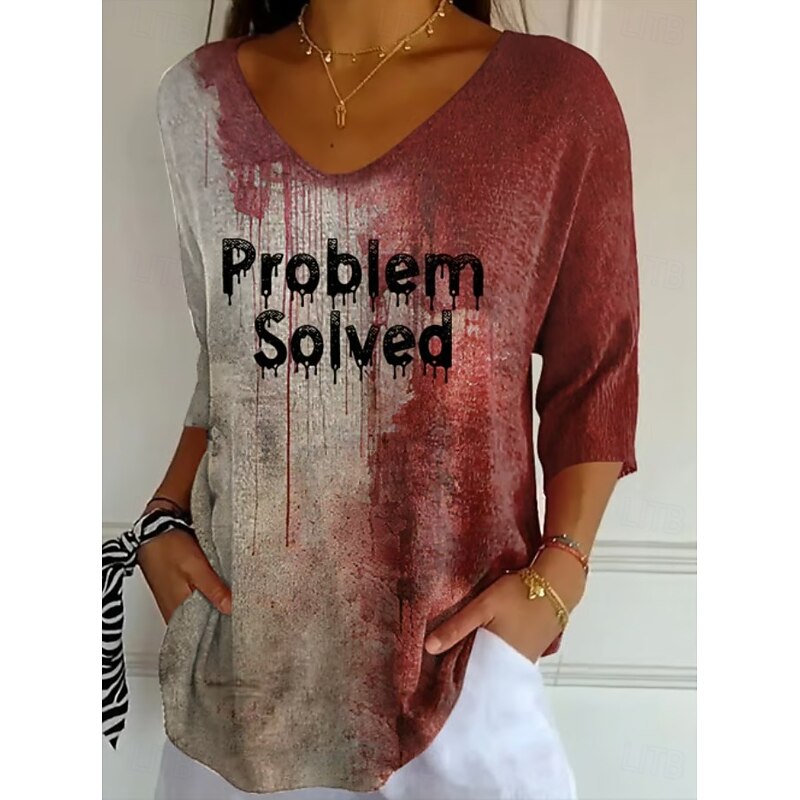 Halloween Women's Bloody Problem Solved Graphic 3/4 Length Sleeve V Neck Regular Tops Daily Club Uniforms Cute Outfits Red Summer Spring Fall