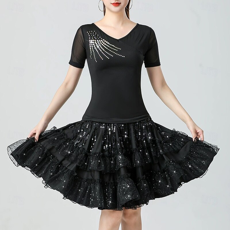 Latin Dance Skirts Pure Color Splicing Sequins Women's Performance Training Short Sleeve High Polyester