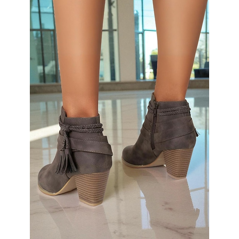 Women's Black Faux Leather Ankle Boots with Tassel Braided Strap - Comfortable Walking Western Style Chunky Heel Booties for Fall Outfits, Boho Looks, and Everyday Wear4