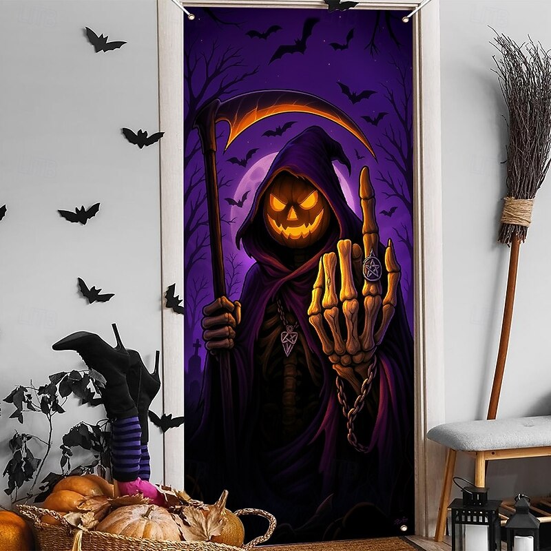 Halloween Door Cover Neon Pumpkin Head Grim Reaper Banner, Glowing Blacklight Entrance Decoration for Outdoor & Indoor 2025 Halloween Bedroom, Living Room, Bathroom2