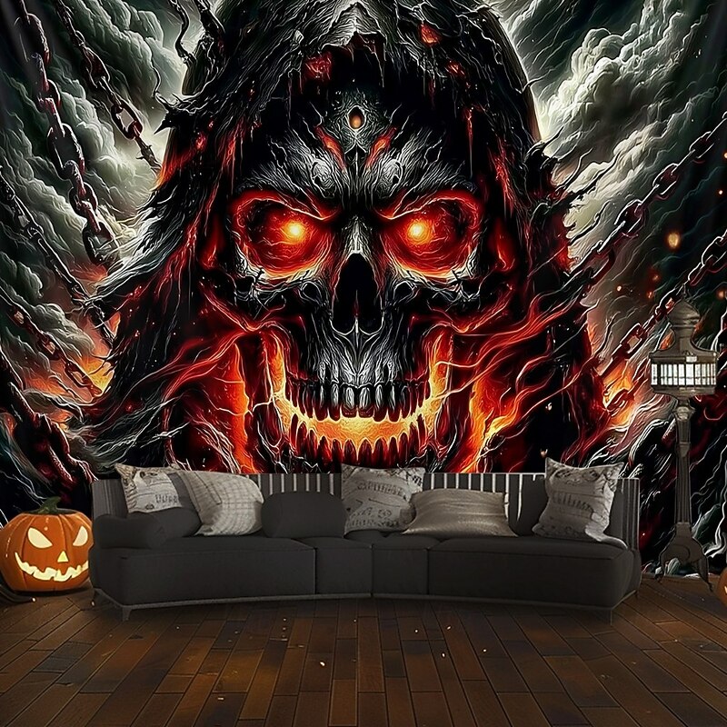 Halloween Skull Horror Wall Tapestry – Fiery Red-Eyed Skeleton with Candles, Gothic Dark Fantasy Scene, Spooky Backdrop for 2025 HALLOWEEN Living Room, Bedroom, Party Decoration4