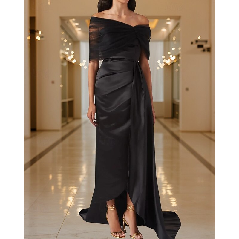 Black Tie Mermaid / Trumpet Evening Gown Elegant Dress Black Formal Dress Wedding Sweep / Brush Train Sleeveless Off Shoulder Tulle with Pleats3