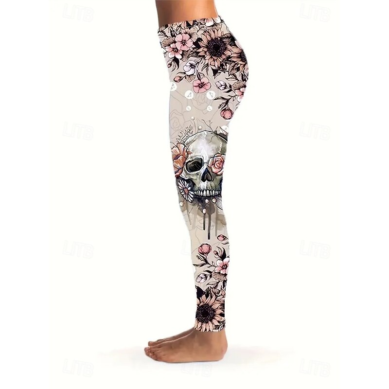 Women's Leggings Vacation Fashion Casual Ankle-Length High WaistPantsHalloween Graphic Skull Halloween Printing Soft Breathable Stretchy Vacation Casual Daily Pink & Yellow Black White Summer Spring4