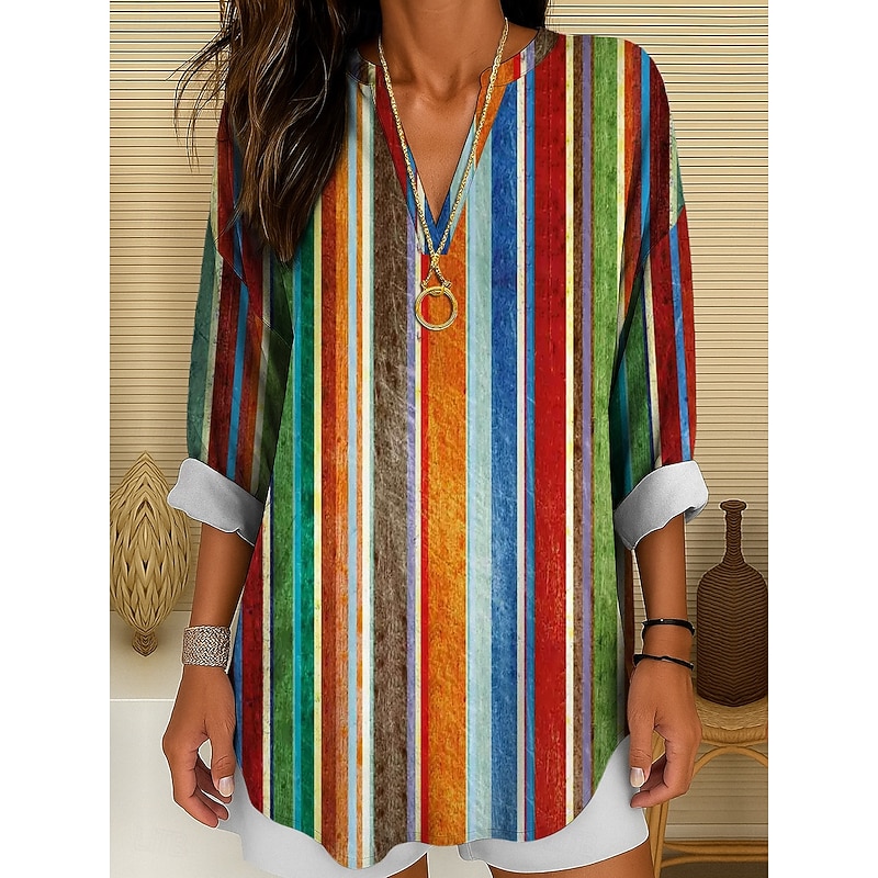 Women's Shirt Cotton Linen Shirt Blouse Long Sleeve Tunic Graphic Geometric Striped Vintage Tropical Daily Long Sleeve V Neck Regular Tops Work Daily Holiday Buttons Print Yellow Red Blue Purple