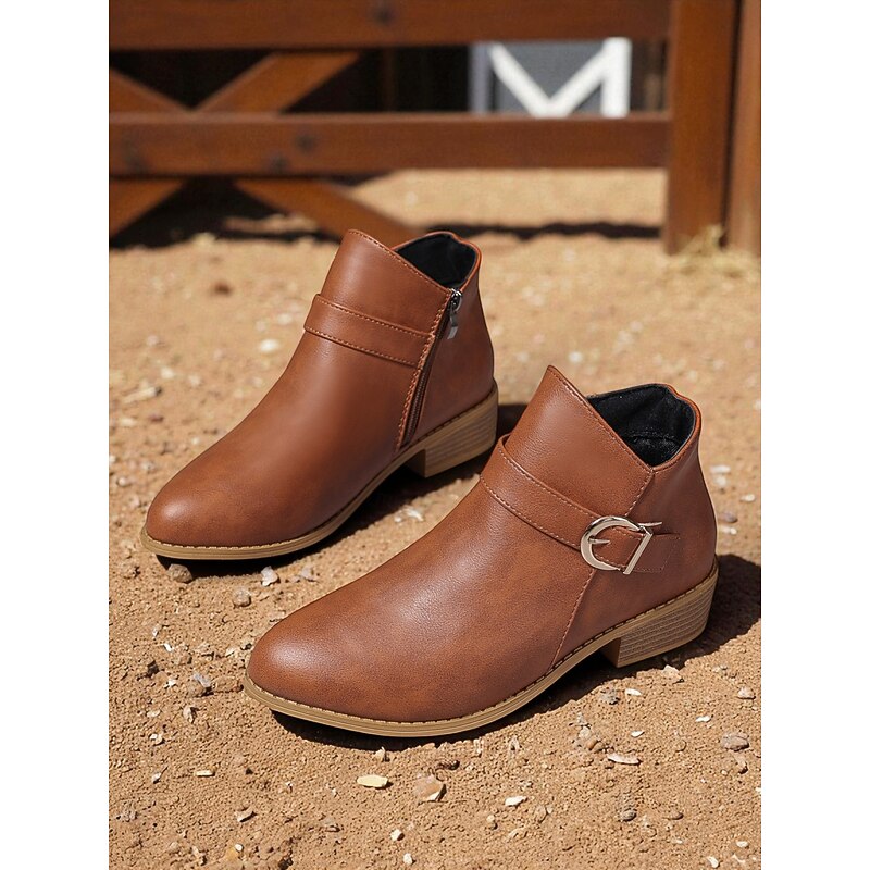 Women's Brown Faux Leather Ankle Boots – Low Heel Side Zip Buckle Booties for Fall Outings, Country Walks and Daily Wear4