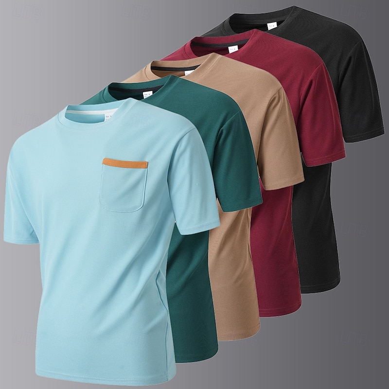 Men's Waffle T-shirt Short Sleeve Crew Neck Henley Summer All Seasons Solid Color Fashion Designer Sporty Front Pocket Outdoor Casual Daily Black Blue Burgundy Top Tee for Men