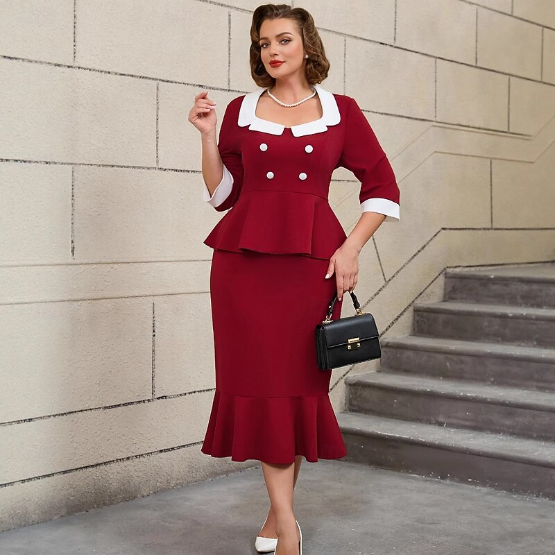 Retro Vintage 1950s 1960s Midi Pencil Skirt Two Piece Set Peplum Top Plus Size Fit and Flare Fancy Dress Women's Formal Party & Evening Retro Theme Party Adults' Dress All Seasons2