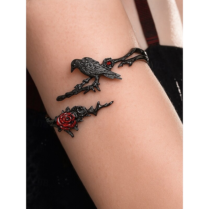 Vintage Black Bird & Red Rose Cuff Bracelet - Gothic Branch - Shaped Open Bangle for Women4