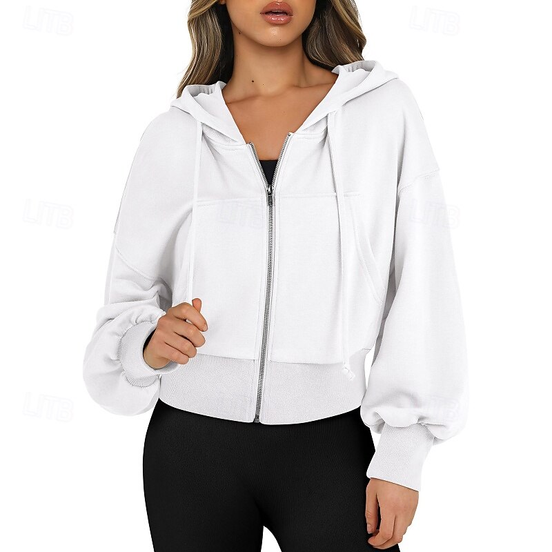 Women's Zip Up Hoodies Plain Streetwear Casual Long Sleeve Hooded Regular Tops Street Holiday Going out Zipper Pocket Black White Fuchsia Khaki Fall Winter2