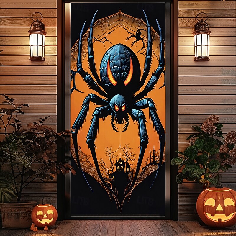 Halloween Door Covers Door Hanging Spider Tapestry Door Curtain Decoration Backdrop Door Banner for Front Door Farmhouse Holiday Party Indoor Outdoor Decor Supplies