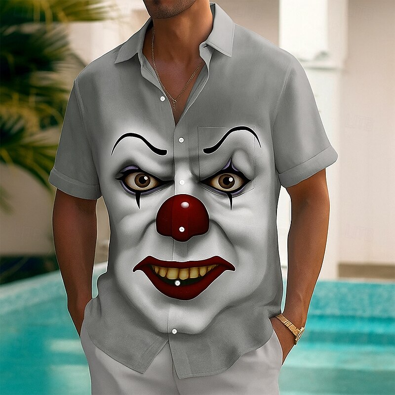 Men's Creepy Clown Funny Clown Shirt Summer Shirt Button Up Shirt Short Sleeve Fashion Casual Outdoor Vacation Dailywear Summer Spring Turndown 3D Print Collared Shirts Front One Pocket White 1 White4