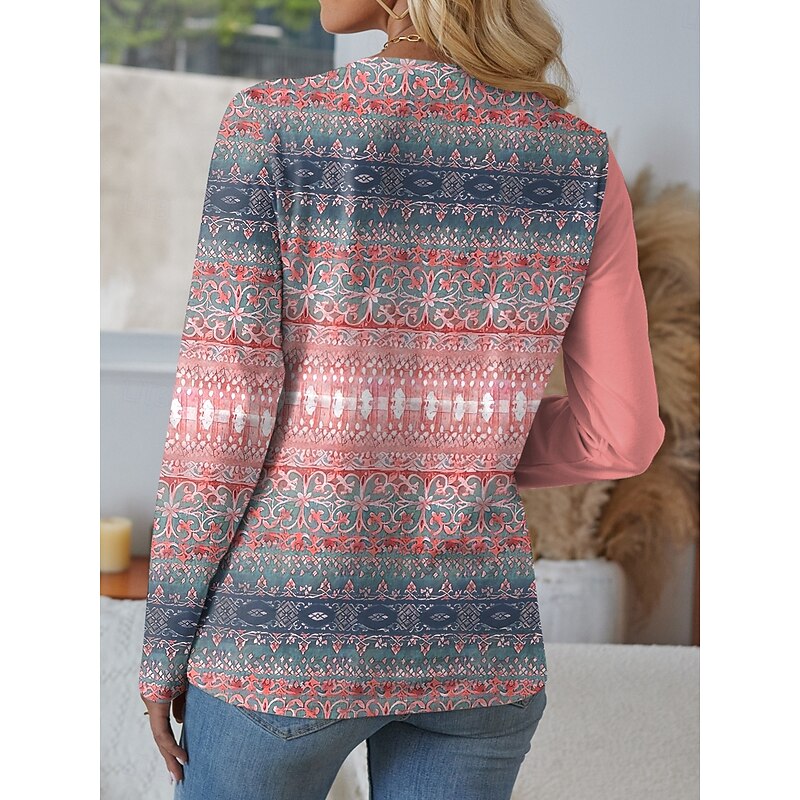 Women's Blouse Tunic V Neck Long Sleeve Buttons Graphic Geometric Fashion Classic Casual Regular Tops Daily Patchwork Print Pink Dusty Rose Blue Purple Green Spring Fall Winter2