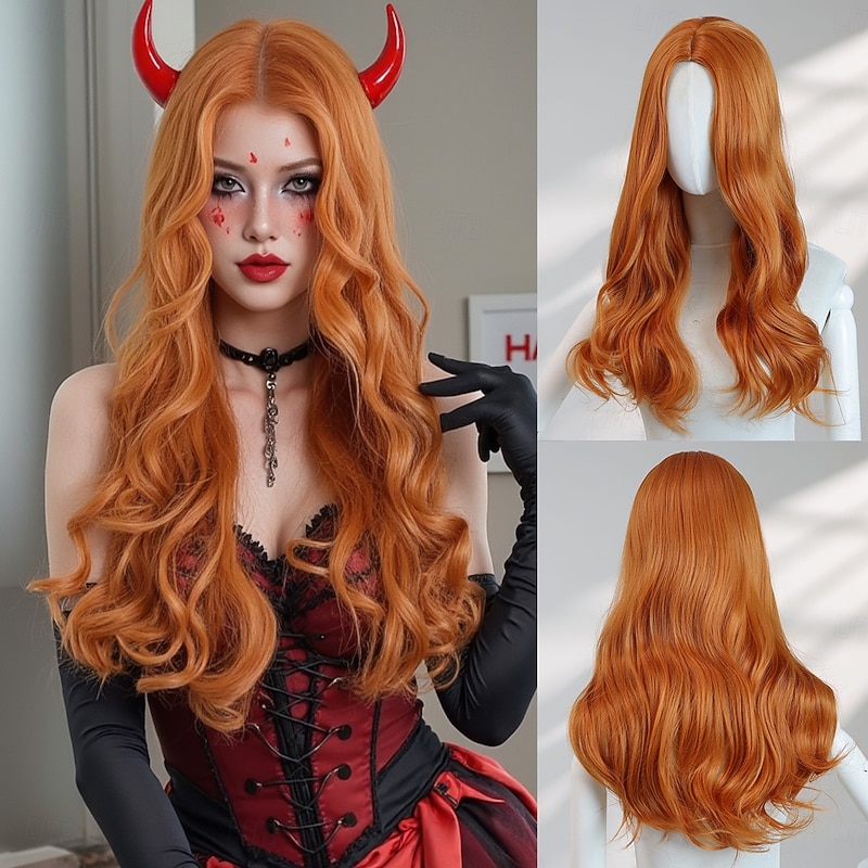 20‑Inch Mid‑Length Orange Wavy Halloween Wig – Center Part, No Bangs, Heat‑Resistant Synthetic Hair for Cosplay & Photo Shoots - Main Image