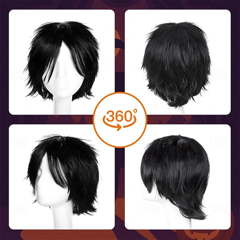Anime Short Cosplay Wigs Halloween Party Spiky Layered Cosplay Wigs Synthetic Short Hair for Men & Women Black Style2