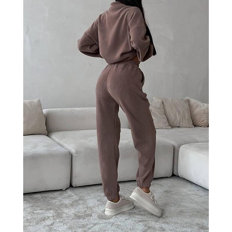 Women's Fashion Streetwear Tracksuit Pants Sets Long Sleeve Stand Collar Plain Daily Wear Date Black Burgundy Gray Spring &  Fall Regular Fit2