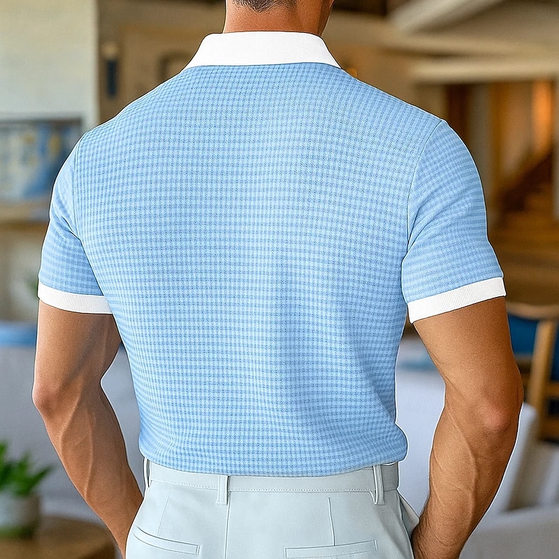 Men's Golf Shirt Waffle Knit Polo Shirt Business Casual Classic Short Sleeve Fashion Modern Solid Color Buttons Summer Spring Yellow Navy Blue Khaki Light Blue Golf Shirt2