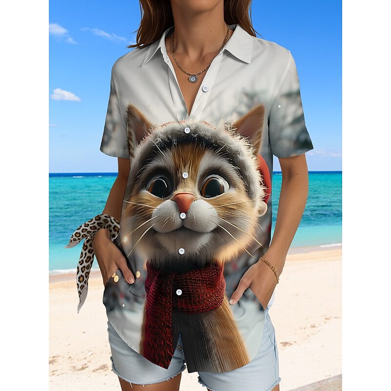 Women's Shirt Long Sleeve Button Down Blouse Graphic Animal Cat Vintage Tropical Daily Sleeveless Short Sleeve Shirt Collar Regular Tops Daily Black Yellow Pink Red Summer Spring4