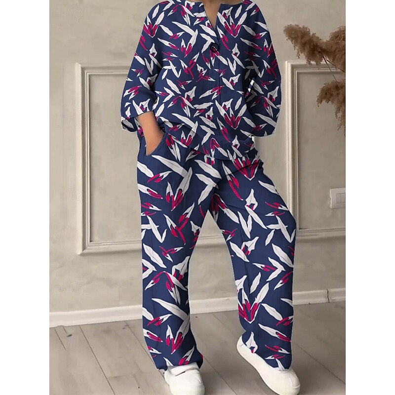 Women's Active Fashion Pants Sets Long Sleeve V Neck Graphic Print Vacation Daily Holiday Blue Summer Regular Fit