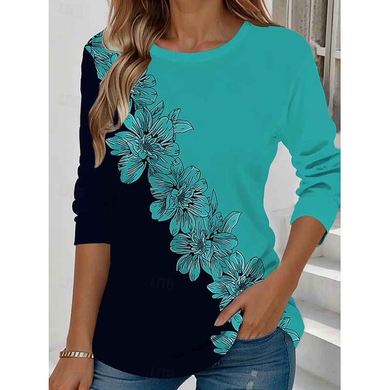 Women's T shirt Long Sleeve Crew Neck Long Sleeve Tunic Floral Graphic Plants Vintage Stylish Classic Round Neck Regular Tops Daily Weekend Print Yellow Light Green Blue Sky Blue Purple  Prefall