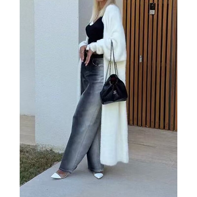 Women's Sweater Cardigan Fashion Streetwear Daily Solid Color Ribbed V Neck Knitted Long Sleeve Long Tops Knit Holiday Going out Weekend White Fall Winter2