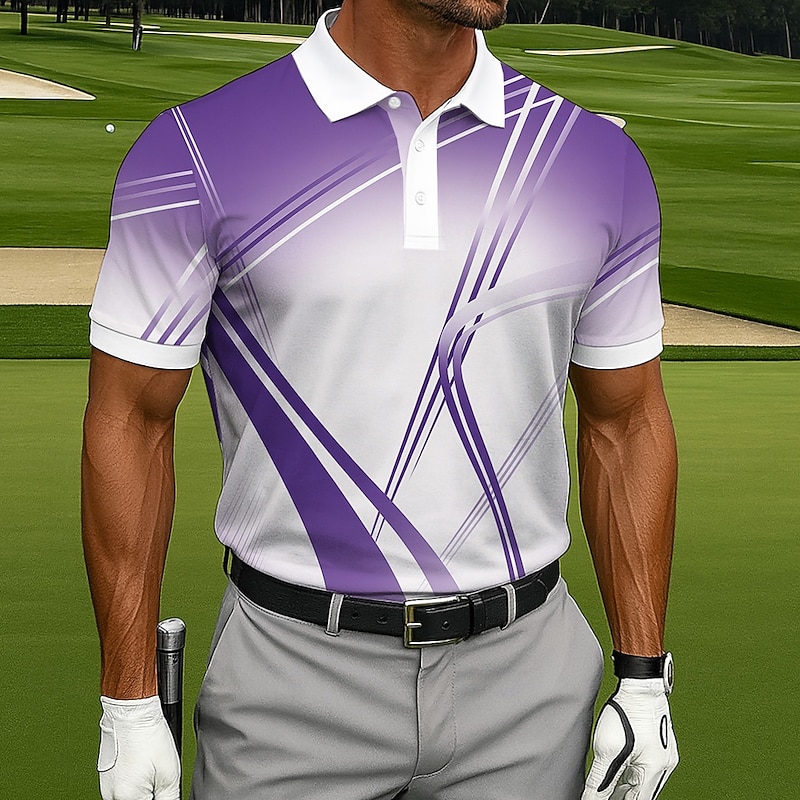 Men's Polo Casual Sports Turndown Short Sleeve Fashion Leisure Geometic Golf 3D Print Buttons Summer Violet Lake Blue Blue Polo